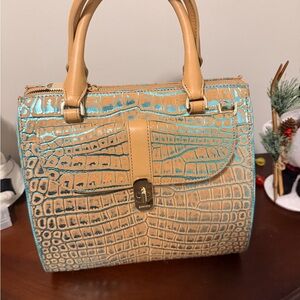 Brahmin Beige and Aqua Croc-Embossed Satchel
